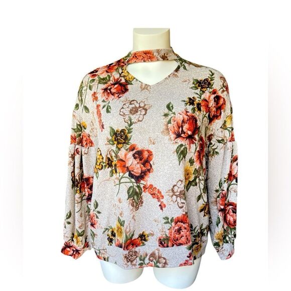 EASEL MOCK NECK  M FLORAL OATMEAL choker neck balloon sleeves banded wrist - Picture 1 of 8